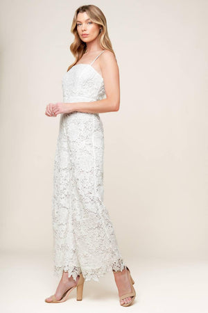 JUST ENOUGH OFF WHITE WOVEN LACE JUMPSUIT.