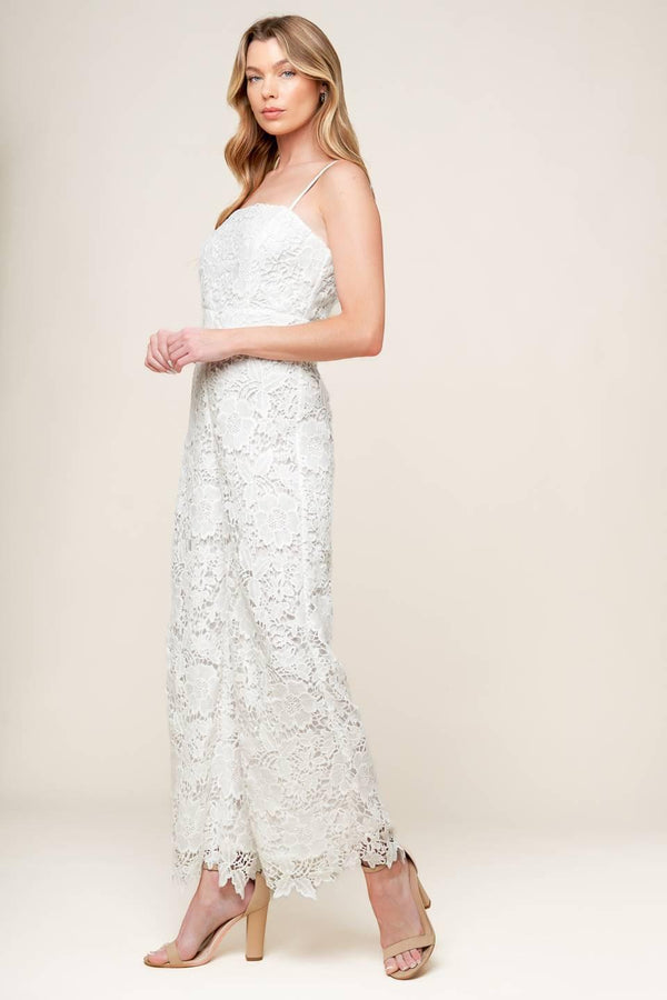 JUST ENOUGH OFF WHITE WOVEN LACE JUMPSUIT.