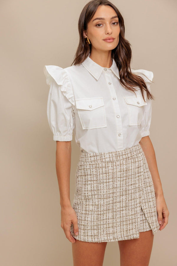 A woven tweed skort with back zipper closure