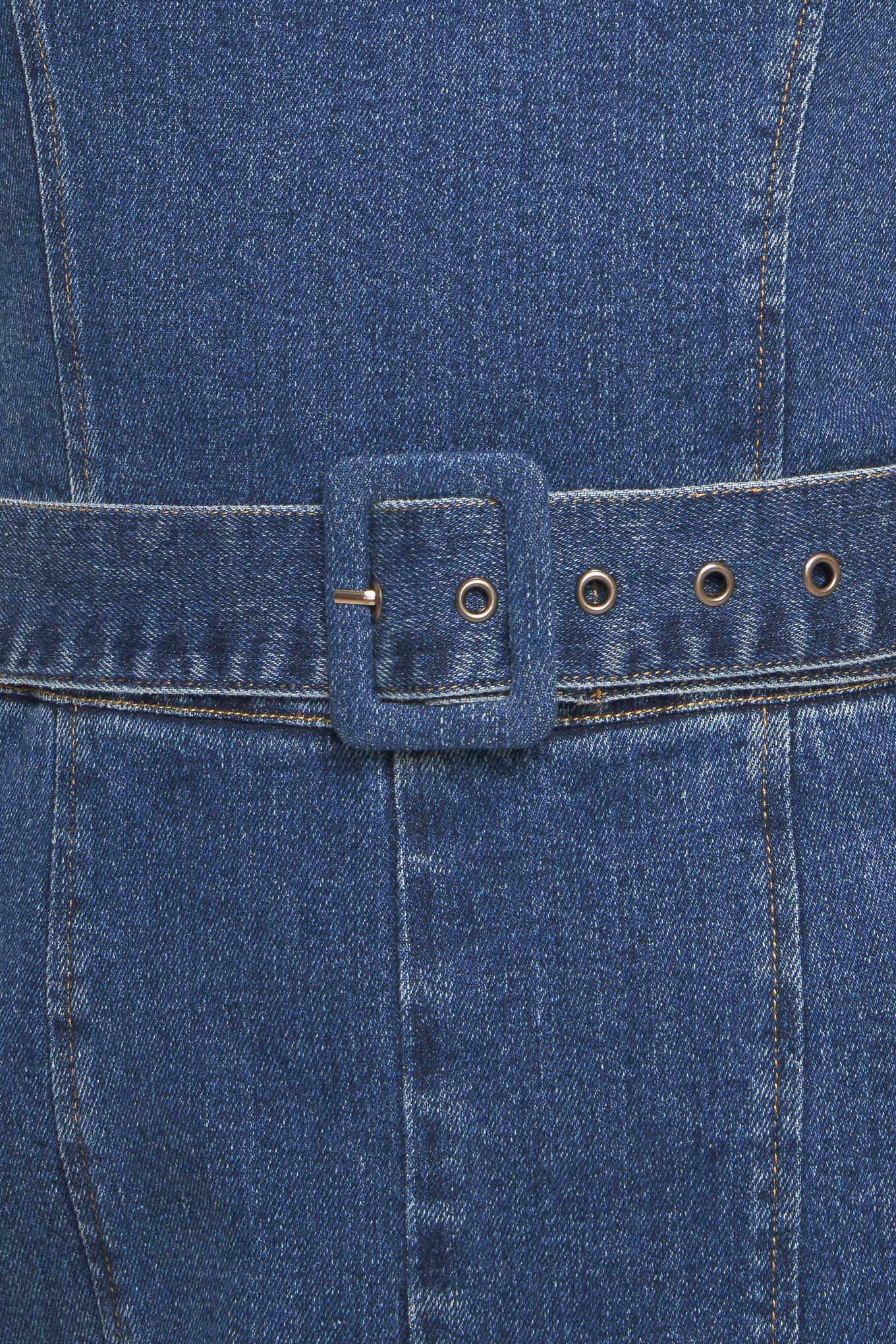 A washed denim jumpsuit featuring straight neckline with V cut out, straps, self belt, wide leg and back zipper closure