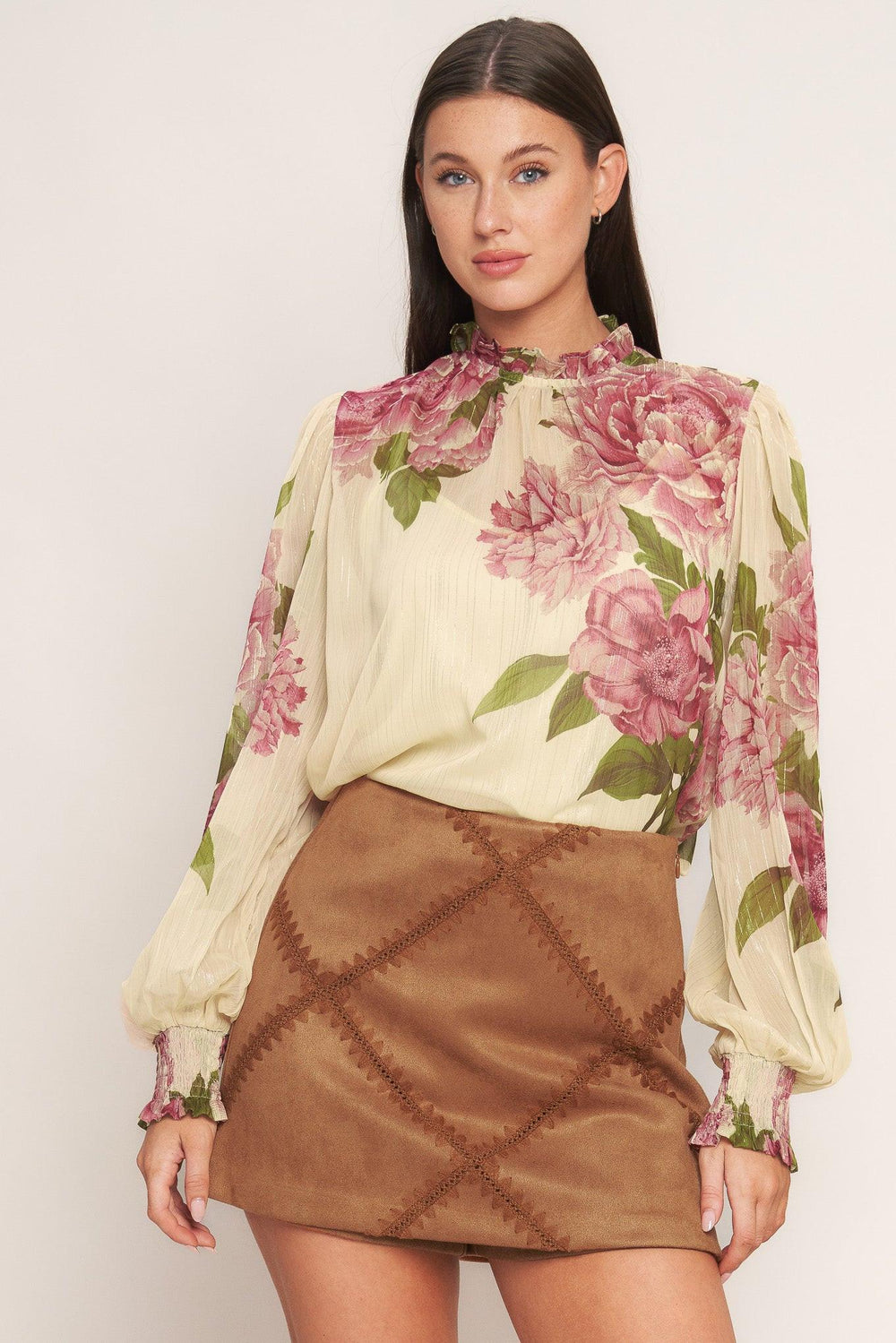 A faux suede patch work skort with side zipper closure
