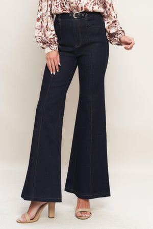 A denim pant featuring front closure, side pockets, self belt and flare leg