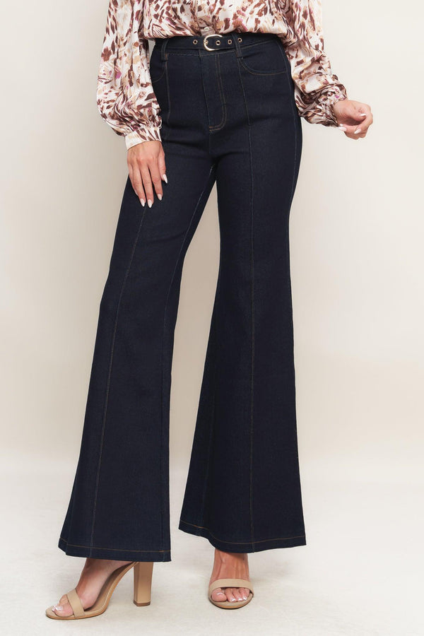 A denim pant featuring front closure, side pockets, self belt and flare leg
