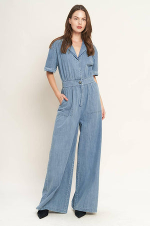 QUIET LUXURY LIGHTWEIGHT DENIM JUMPSUIT.