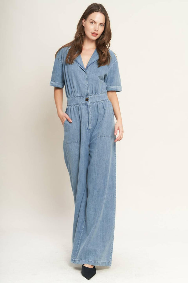 QUIET LUXURY LIGHTWEIGHT DENIM JUMPSUIT.