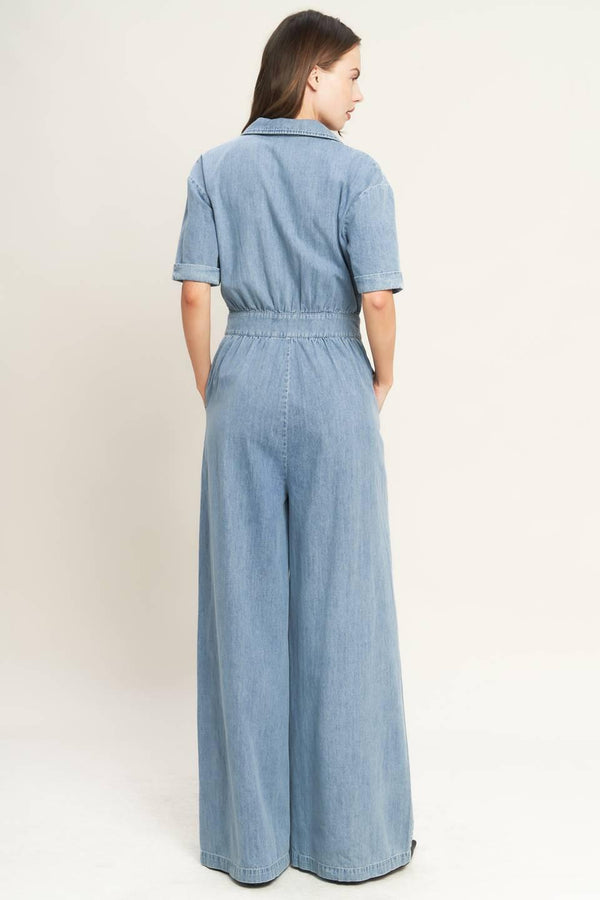 QUIET LUXURY LIGHTWEIGHT DENIM JUMPSUIT.