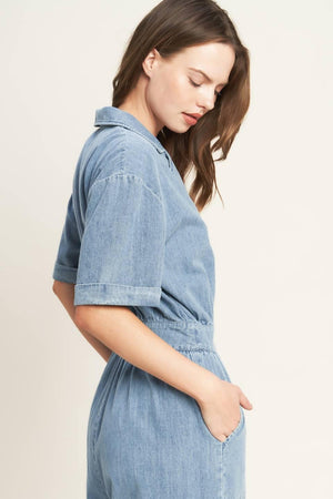 QUIET LUXURY LIGHTWEIGHT DENIM JUMPSUIT.