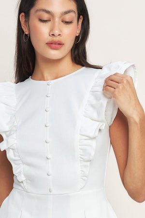 JUST FEELS RIGHT WOVEN ROMPER.