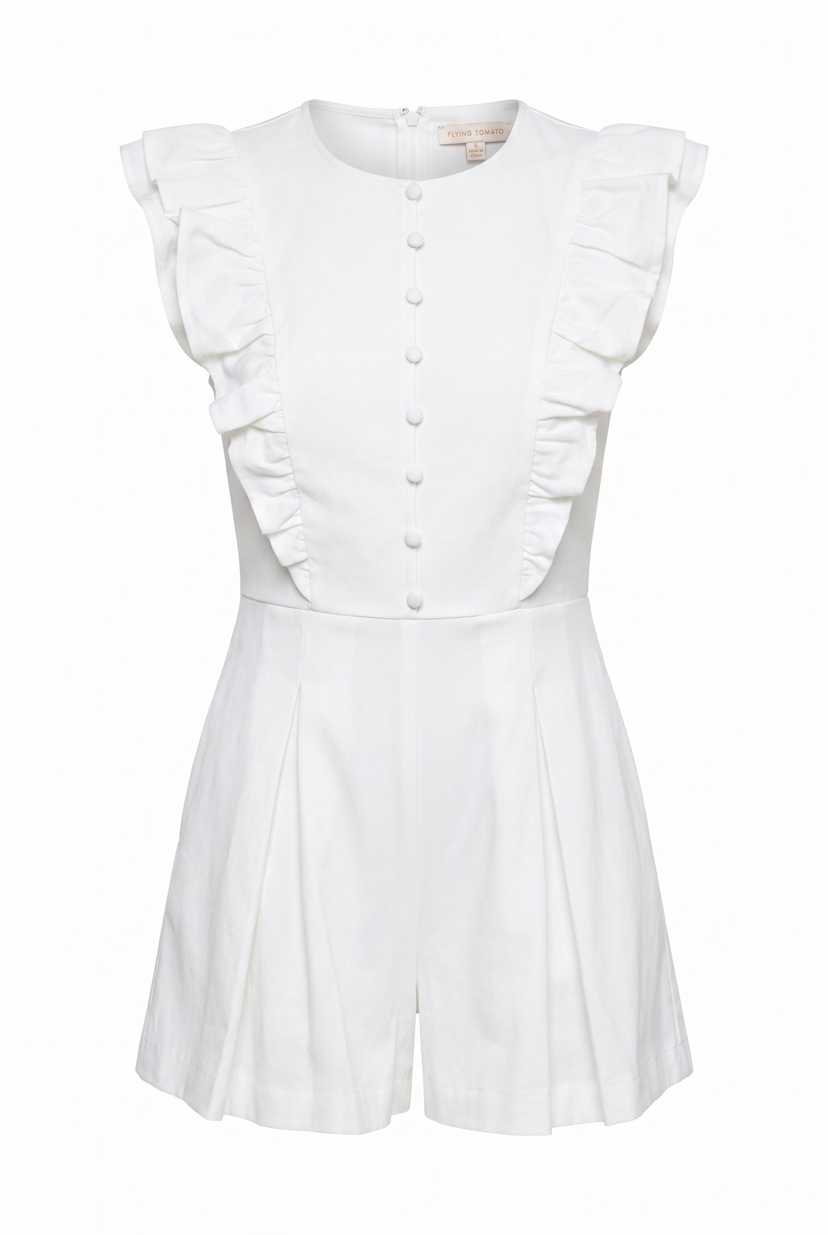 A white short-sleeve romper with ruffled cap sleeves, a button-front bodice, and a flared skirt, shown on a plain white background.