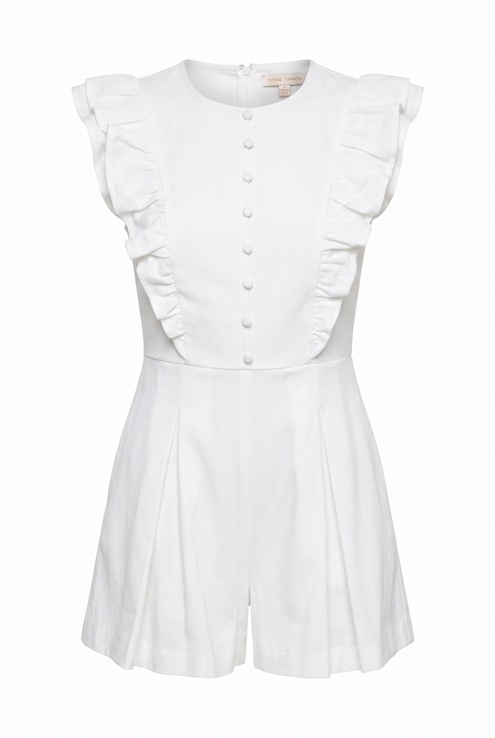 A white short-sleeve romper with ruffled cap sleeves, a button-front bodice, and a flared skirt, shown on a plain white background.