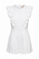 A white short-sleeve romper with ruffled cap sleeves, a button-front bodice, and a flared skirt, shown on a plain white background.