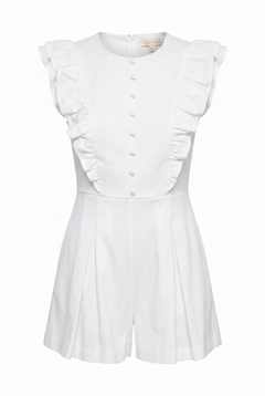 A white short-sleeve romper with ruffled cap sleeves, a button-front bodice, and a flared skirt, shown on a plain white background.
