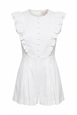 A white short-sleeve romper with ruffled cap sleeves, a button-front bodice, and a flared skirt, shown on a plain white background.