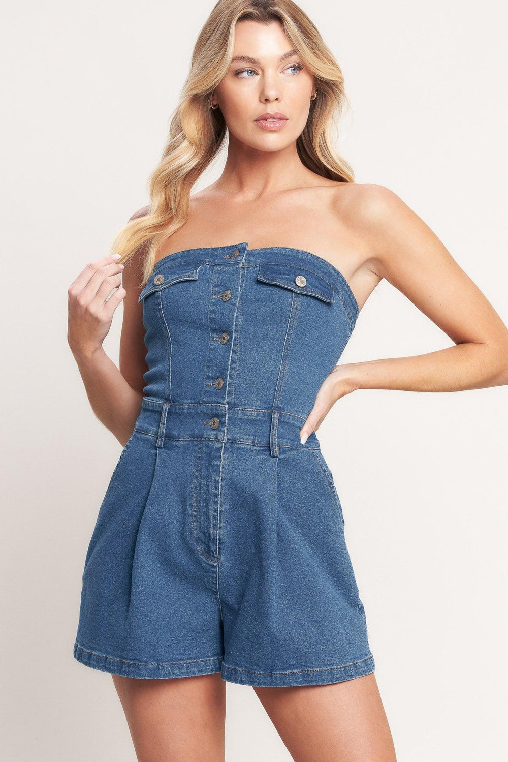 WEEKEND CRUSH DENIM ROMPER.