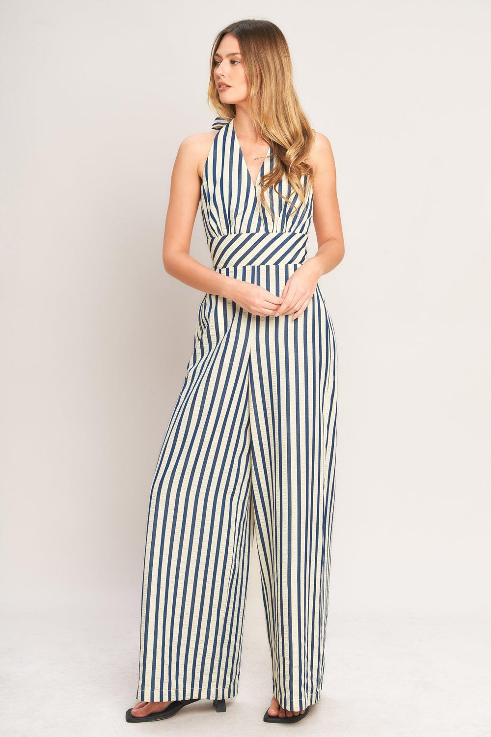 NAUTICAL BREEZE STRIPE WOVEN JUMPSUIT.