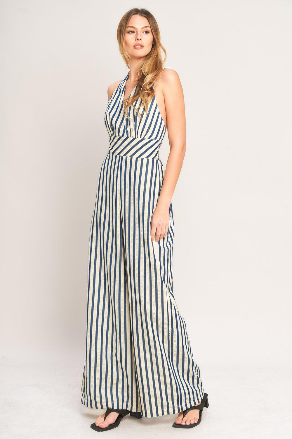 NAUTICAL BREEZE STRIPE WOVEN JUMPSUIT.