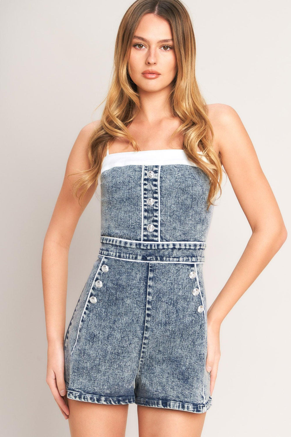 WEEKEND IN DENIM ROMPER.