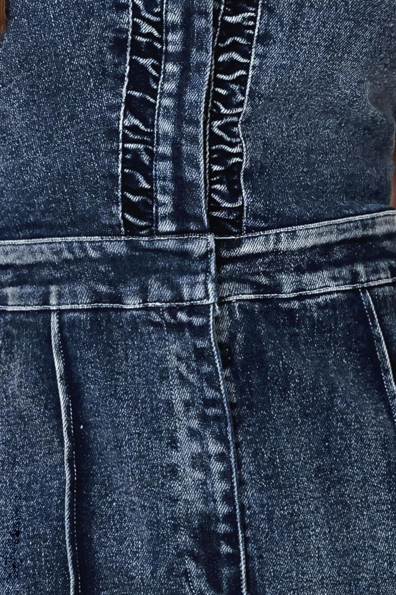 Close-up of blue denim fabric with stitching details