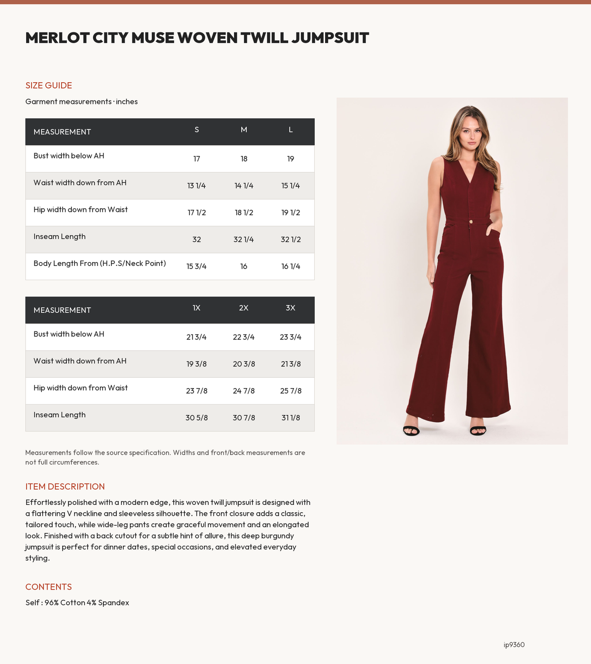 MERLOT CITY MUSE WOVEN TWILL JUMPSUIT size chart