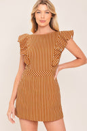 A woman wearing a mini skort romper with vertical rust and white stripes | Flying Tomato