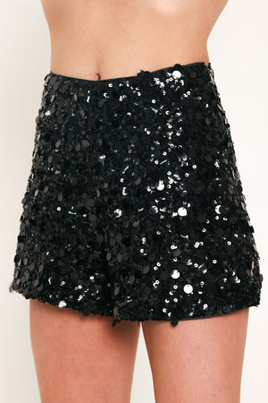 Black sequined shorts with a high waist, featuring a dense pattern of black sequins | Flying Tomato