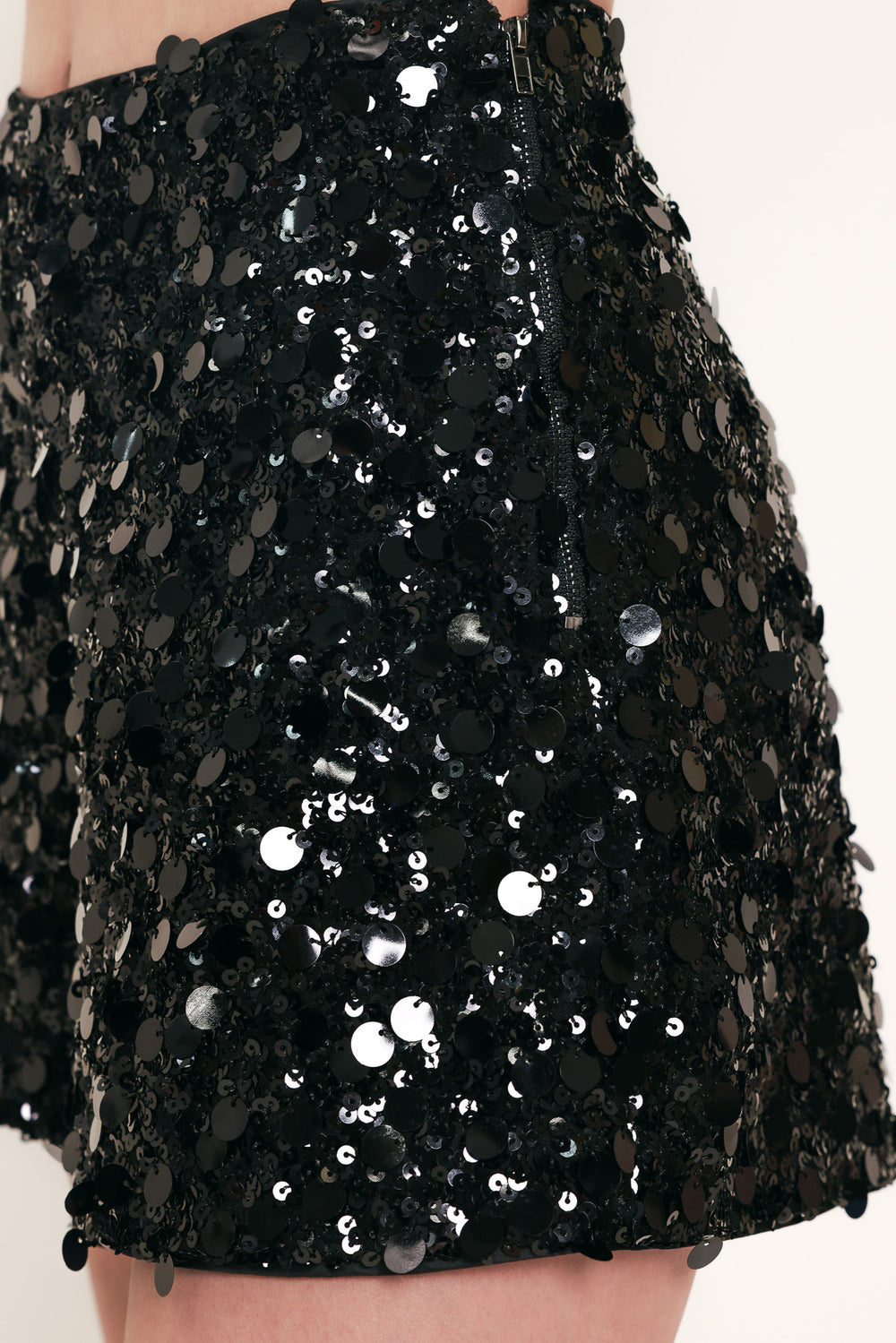 Black sequined shorts with a high waist, featuring a dense pattern of black sequins | Flying Tomato