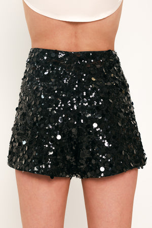 Black sequined shorts with a high waist, featuring a dense pattern of black sequins | Flying Tomato