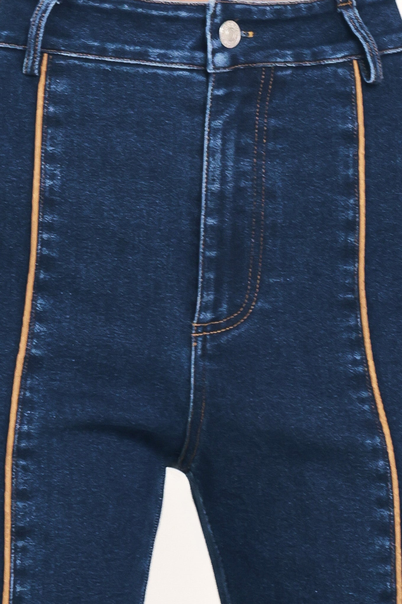 A model wearing dark blue high-waisted flare jeans with distinctive gold-colored contrast stitching running down the center of the legs | Flying Tomato