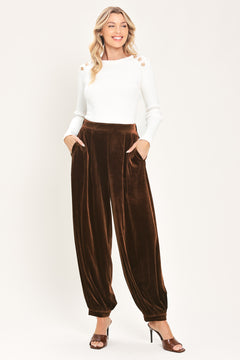 A person wearing high-waisted, loose brown velvet harem-style pants with gathered cuffs | Flying Tomato