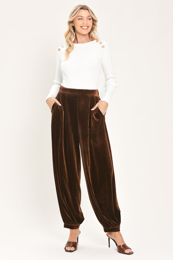 A person wearing high-waisted, loose brown velvet harem-style pants with gathered cuffs | Flying Tomato