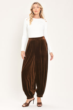 A person wearing high-waisted, loose brown velvet harem-style pants with gathered cuffs | Flying Tomato