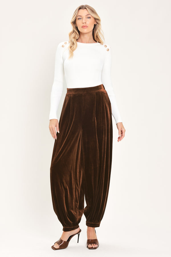 A person wearing high-waisted, loose brown velvet harem-style pants with gathered cuffs | Flying Tomato