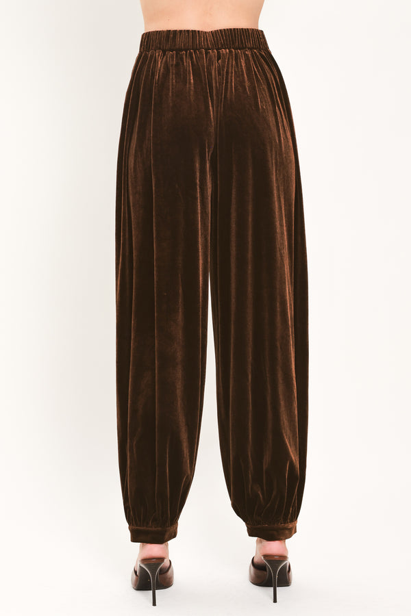 A person wearing high-waisted, loose brown velvet harem-style pants with gathered cuffs | Flying Tomato
