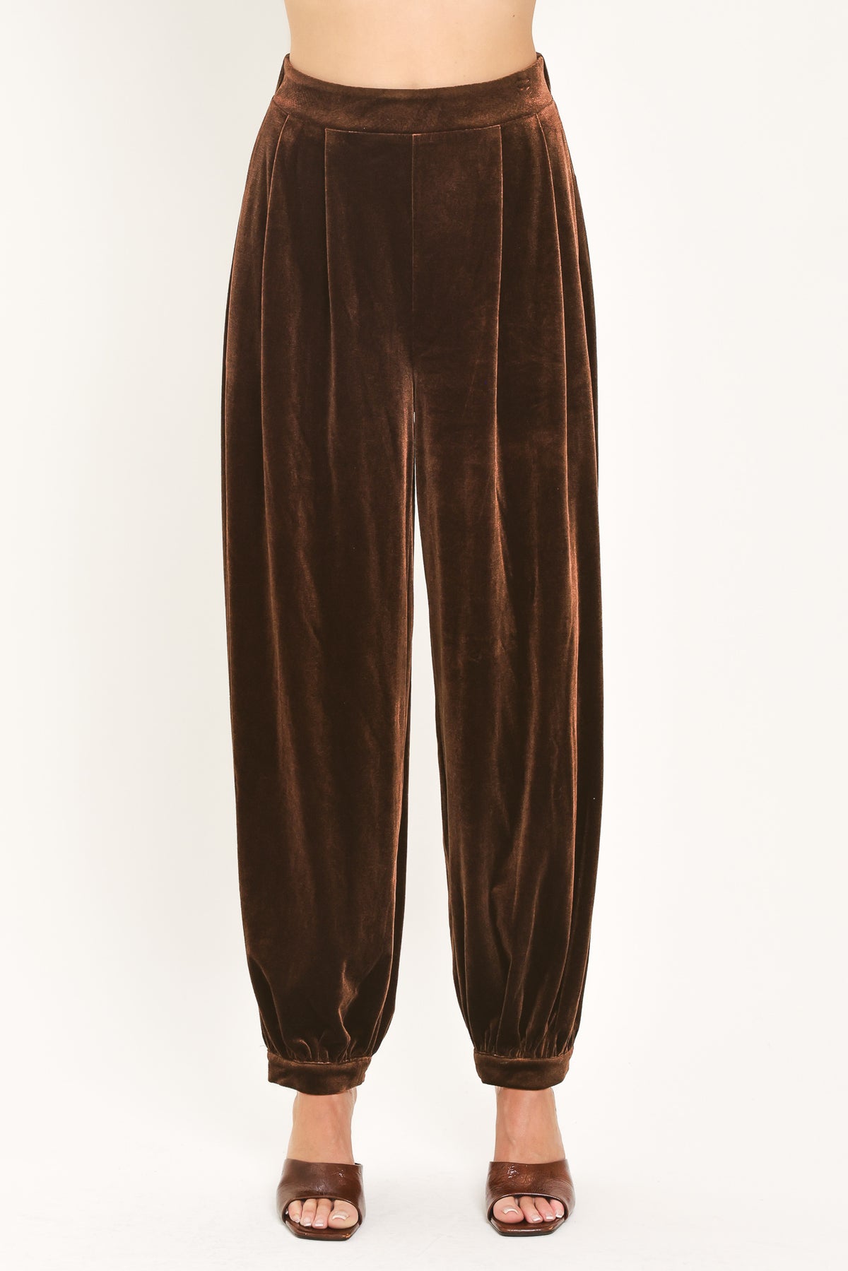 A person wearing high-waisted, loose brown velvet harem-style pants with gathered cuffs | Flying Tomato