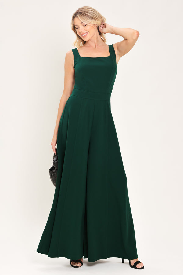 Woman wearing a sleeveless square neck solid hunter green wide-leg jumpsuit | Flying Tomato