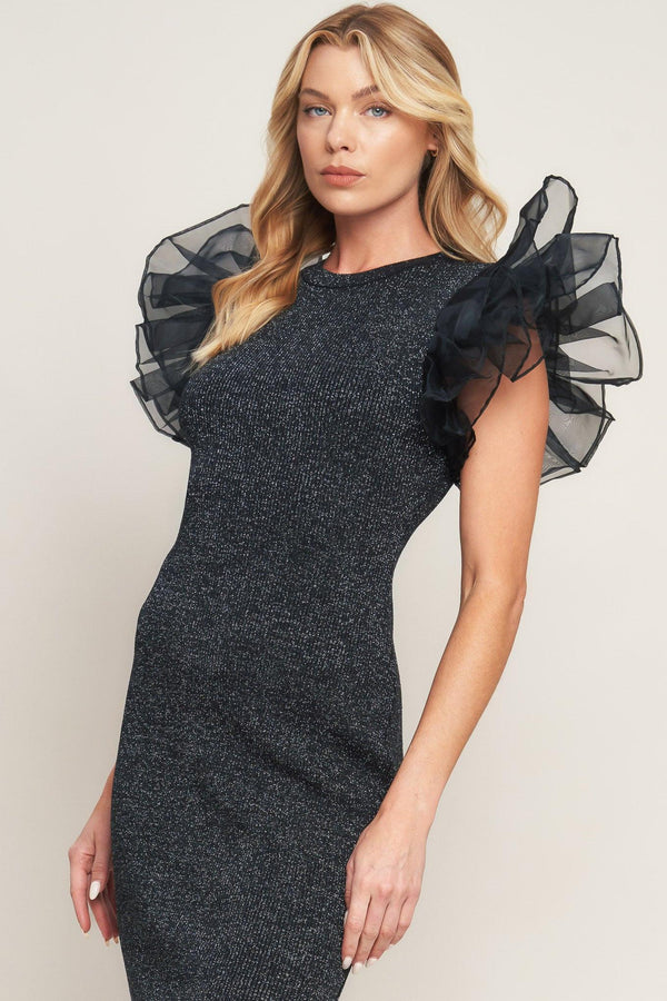 VOLUMINOUS POWER METALLIC MIDI DRESS.