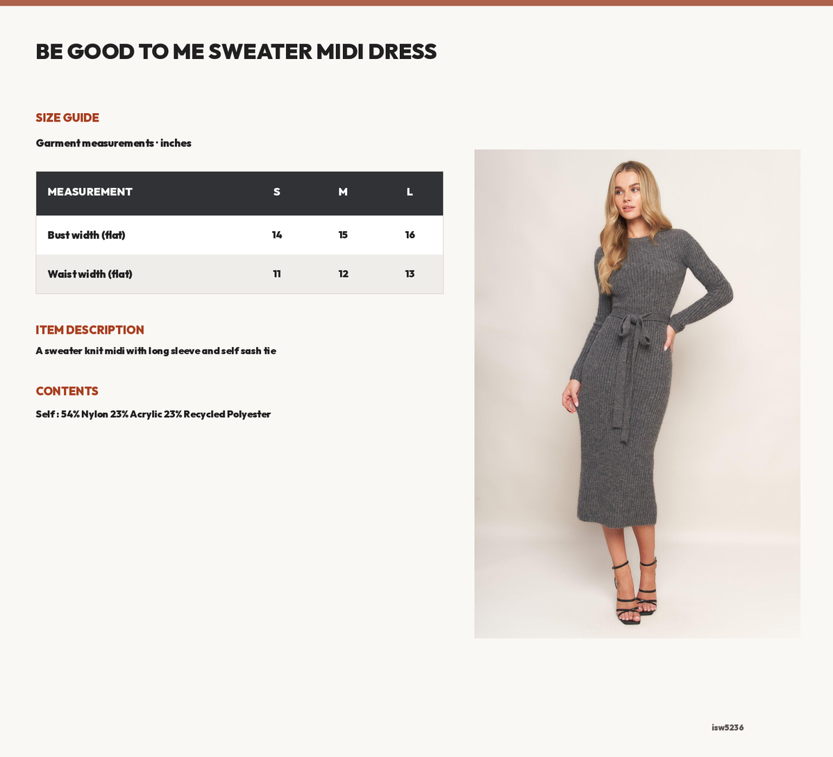 BE GOOD TO ME SWEATER MIDI DRESS size chart