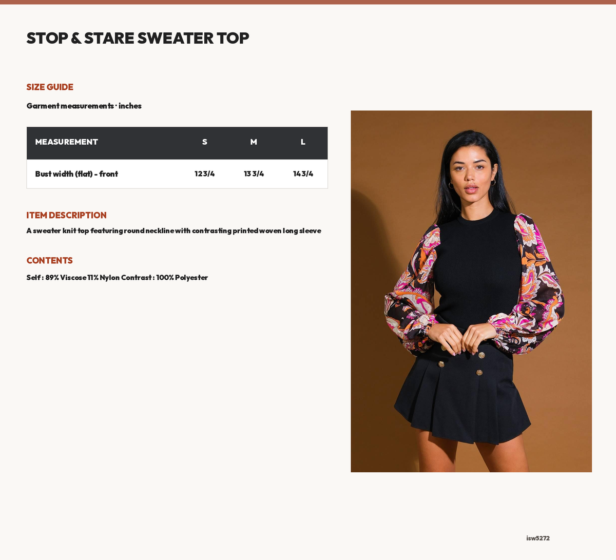 STOP & STARE SWEATER TOP size chart