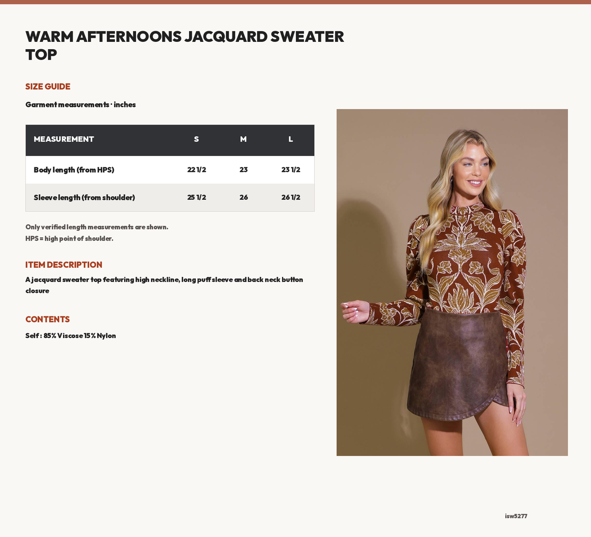 WARM AFTERNOONS JACQUARD SWEATER TOP size chart