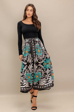 SUNBURST GARDEN BLACK MIDI DRESS.