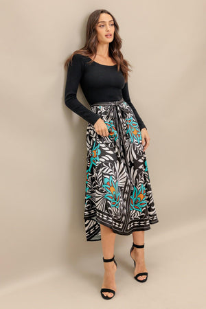 SUNBURST GARDEN BLACK MIDI DRESS.
