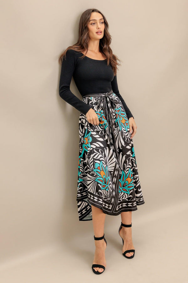 SUNBURST GARDEN BLACK MIDI DRESS.
