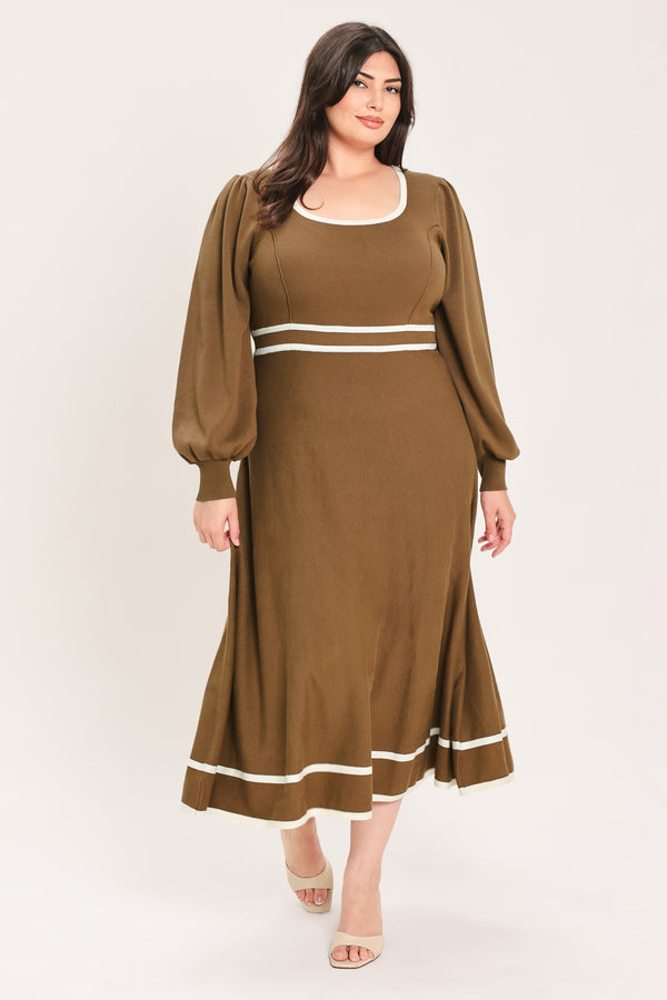 A woman modeling a brown midi dress with white trim details, including a square neckline, sleeve cuffs, a horizontal waist stripe, and a hemline | Flying tomato Curve