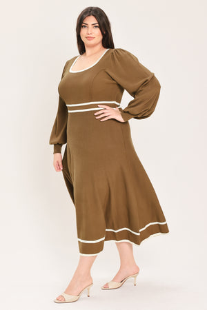 A woman modeling a brown midi dress with white trim details, including a square neckline, sleeve cuffs, a horizontal waist stripe, and a hemline | Flying tomato Curve