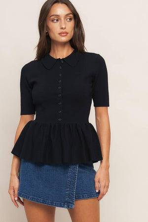 SWEET SERENADE BLACK WOVEN TOP.