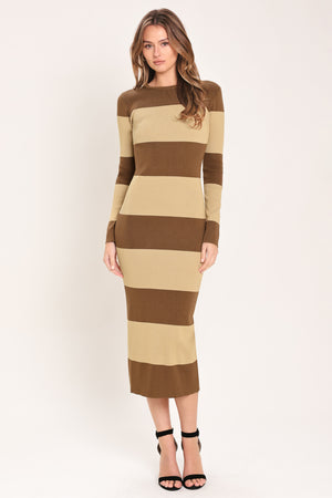 Woman wearing a brown and beige long sleeve striped midi dress | Flying Tomato
