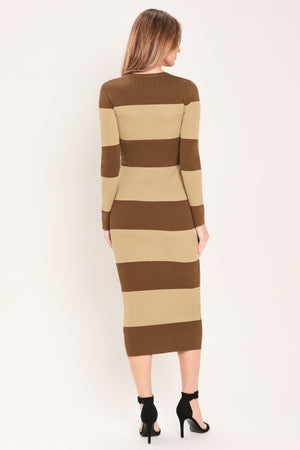 
Woman wearing a brown and beige long sleeve striped midi dress | Flying Tomato
