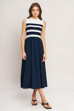 STRIPE ELEGANCE SWEATER WOVEN MIDI DRESS.