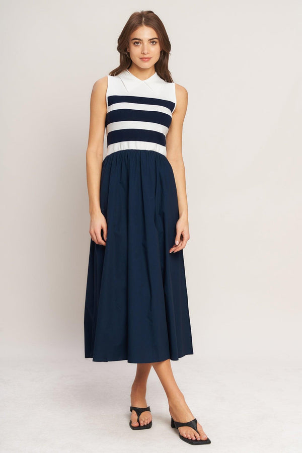 STRIPE ELEGANCE SWEATER WOVEN MIDI DRESS.