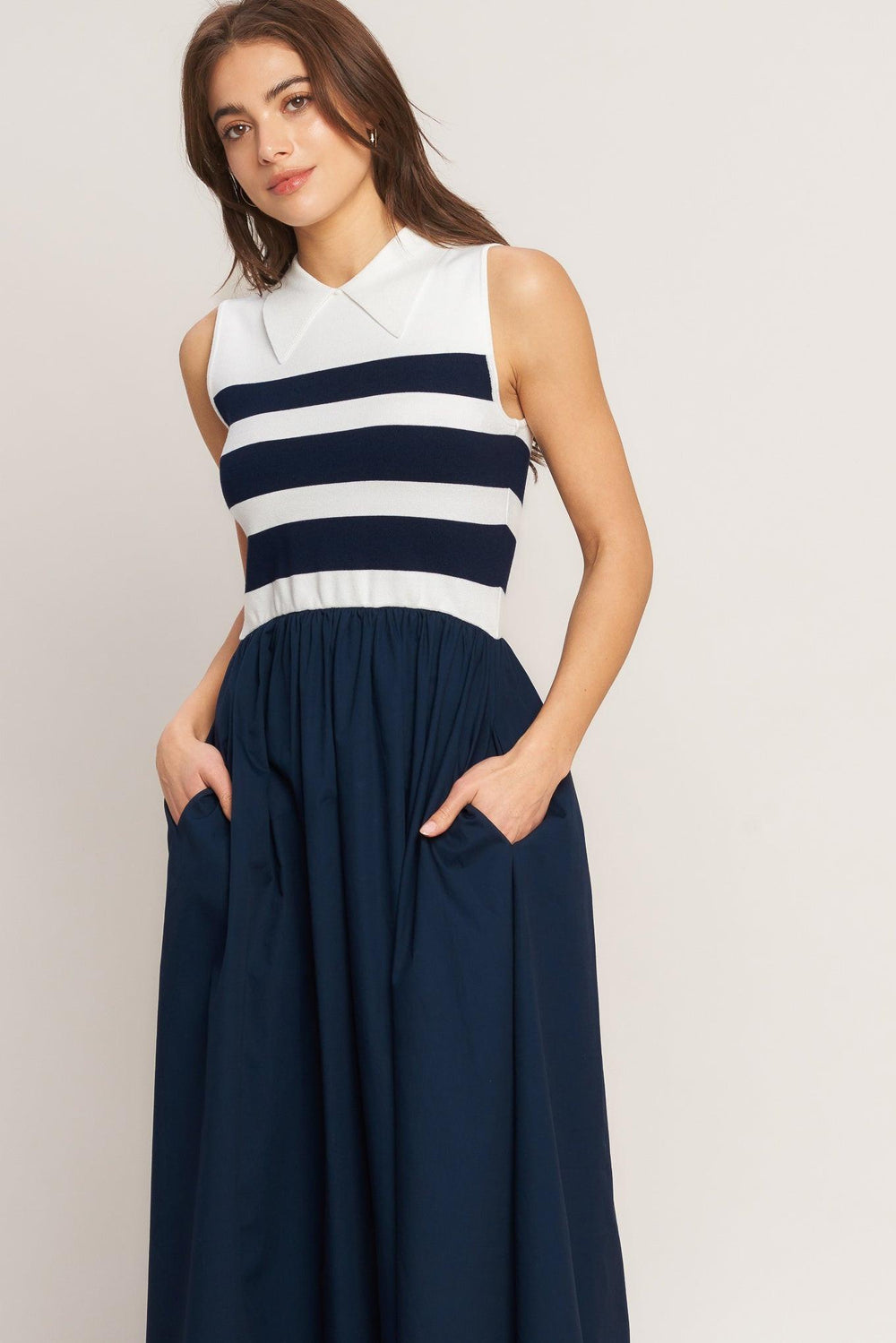 STRIPE ELEGANCE SWEATER WOVEN MIDI DRESS.